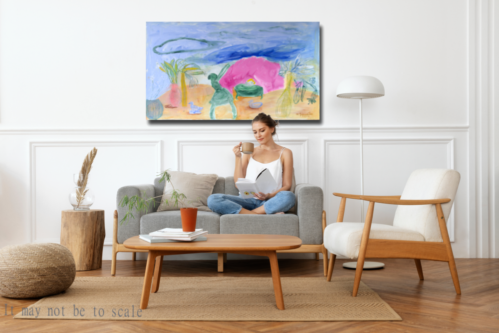 Abstract Original Painting canvas 40x26" Large wall Art girls trees turquoise green AnaGonzalezArt