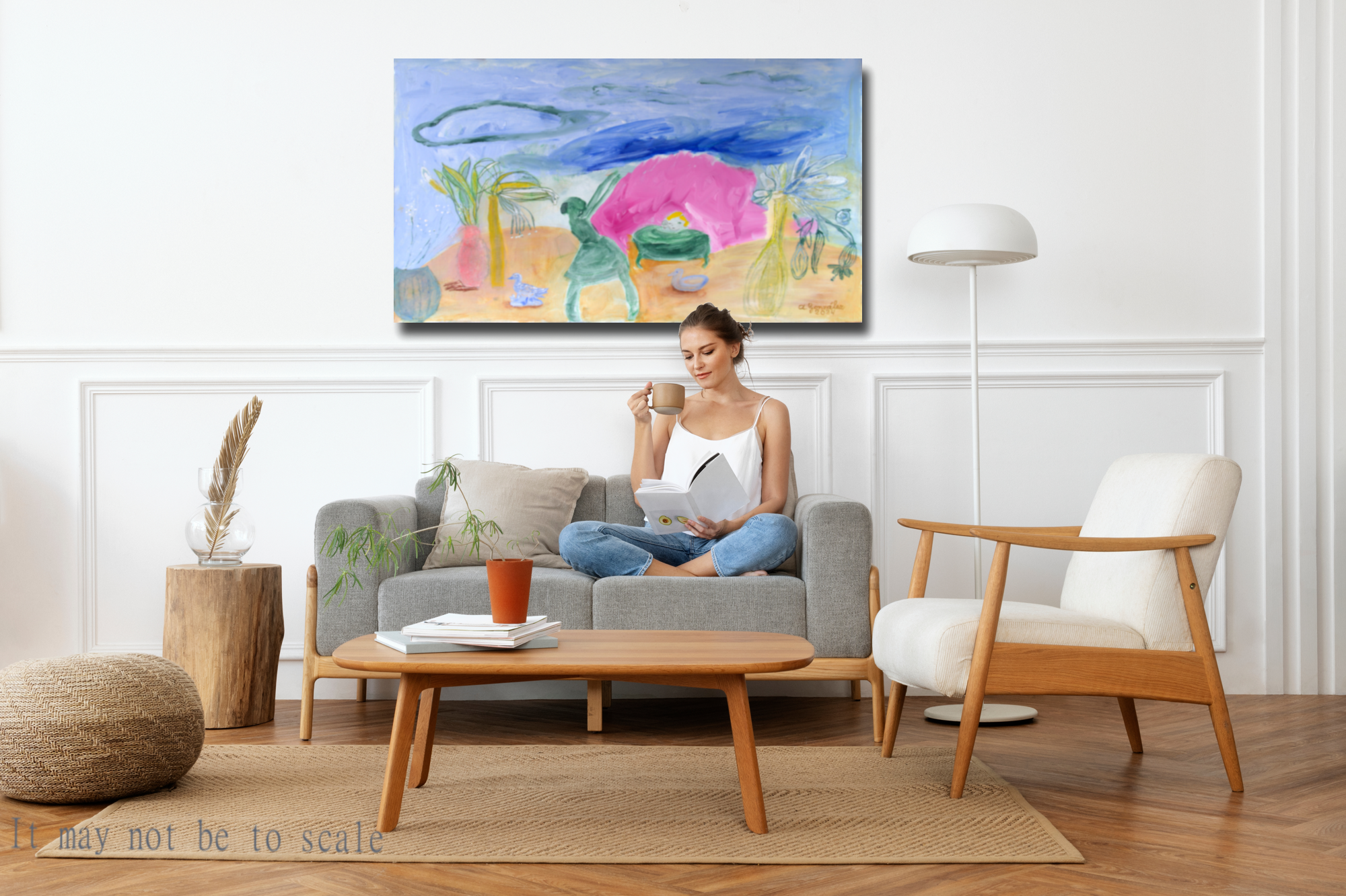 Abstract Original Painting canvas 40x26" Large wall Art girls trees turquoise green AnaGonzalezArt